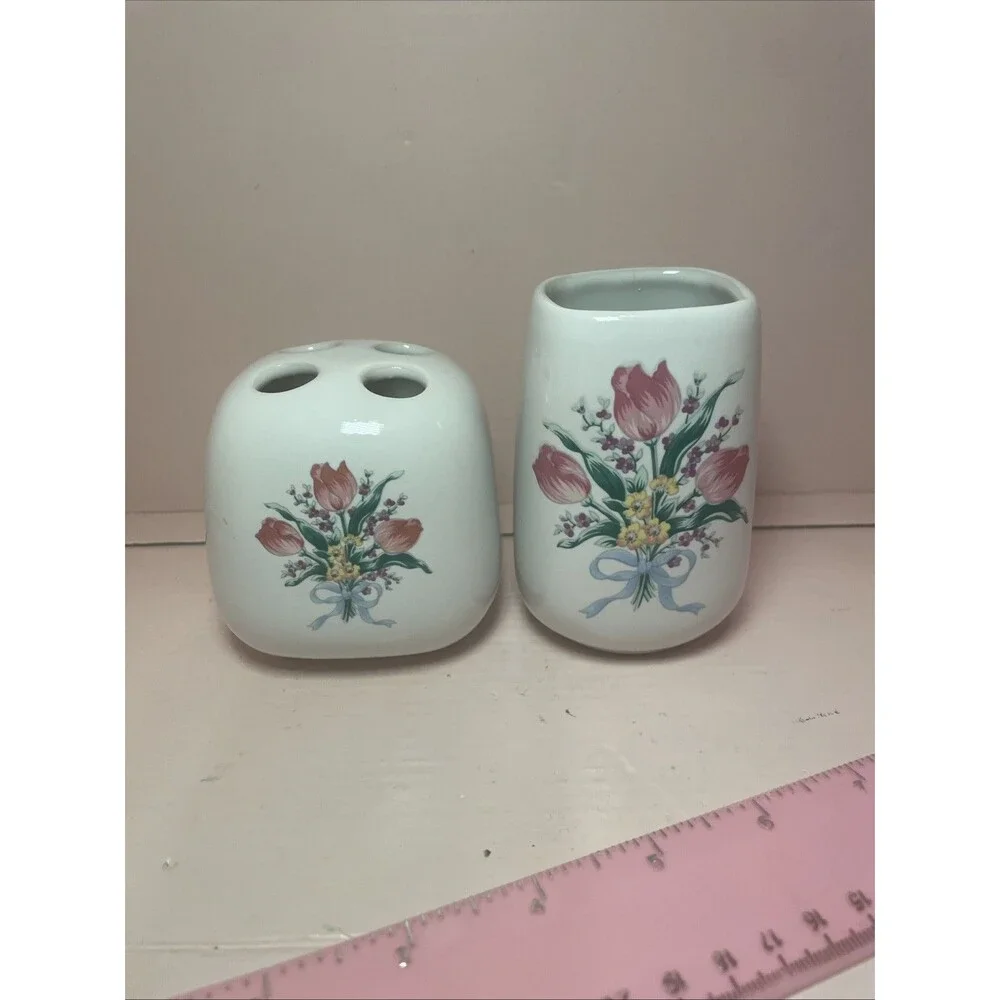 Vtg Restroom Granny Decor 2 Pc Ceramic Toothbrush Holder Cup Pink Cottagecore